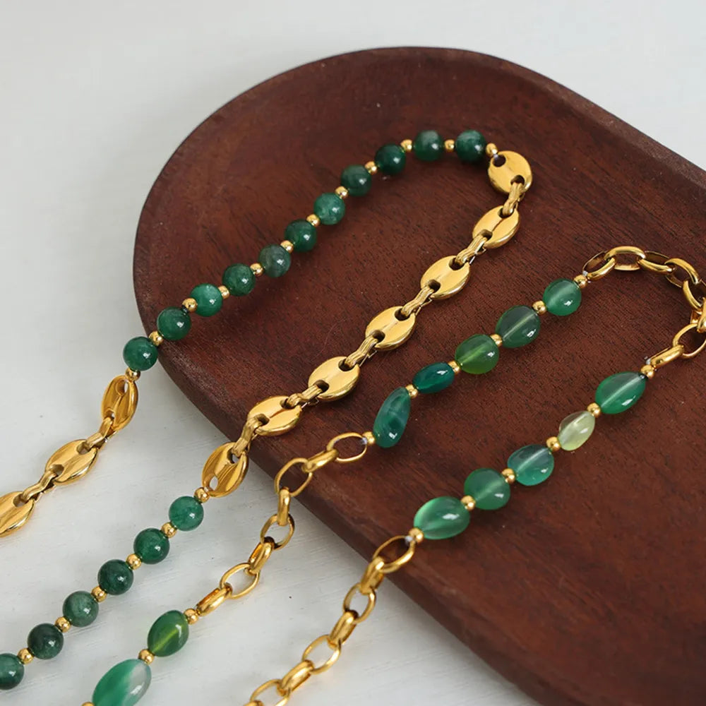 Agate bead chain design with titanium steel gold-plated necklace