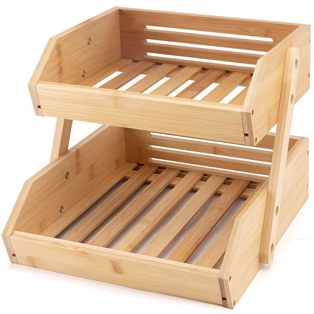Fruit Basket Stand 2 & 3 Tier Wooden Countertop Organizer Large Capacity Kitchen Storage for Fruits Vegetables Bread Produce 