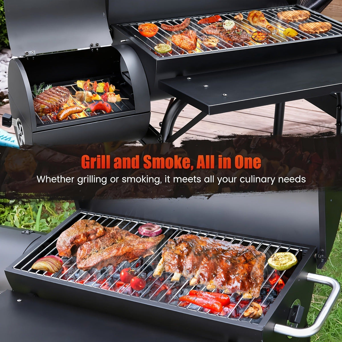 Barrel Charcoal Grill with Offset Smoker, Wheeled Cart, Side Firebox and Two Black Configuration Options — image 10
