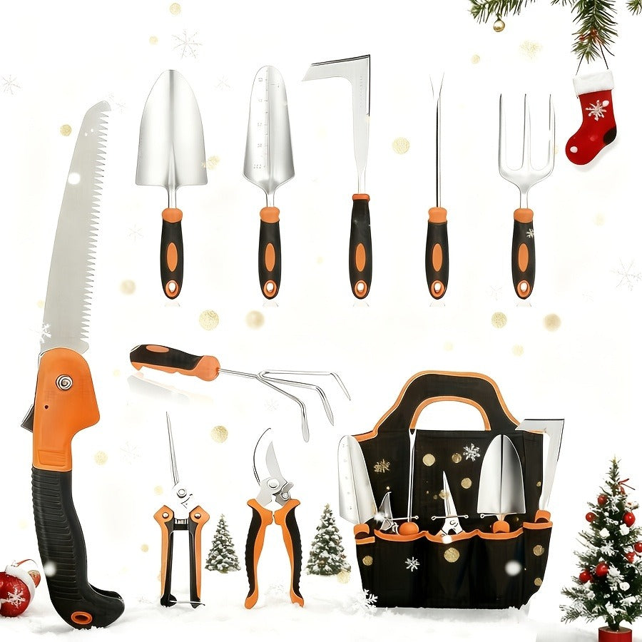 Garden Tool Set 10-Piece | Heavy Duty Stainless Steel Trowel Pruner Rake Weeder with Tote Bag | Ergonomic Non-Slip Grip Garde