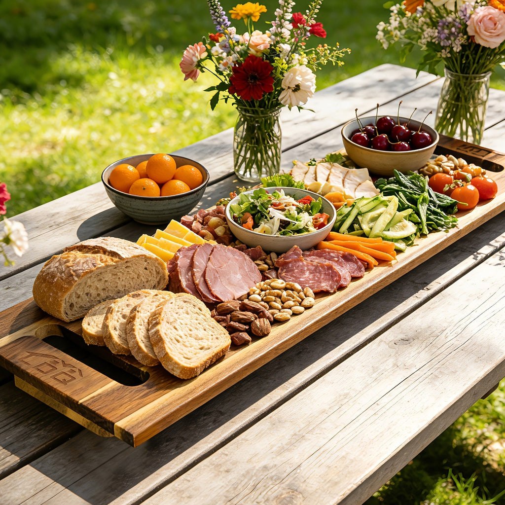 Extra-Long 36 x 11-Inch Wood-Color Charcuterie Board with Recessed Handles and Two Display Stands — image 9