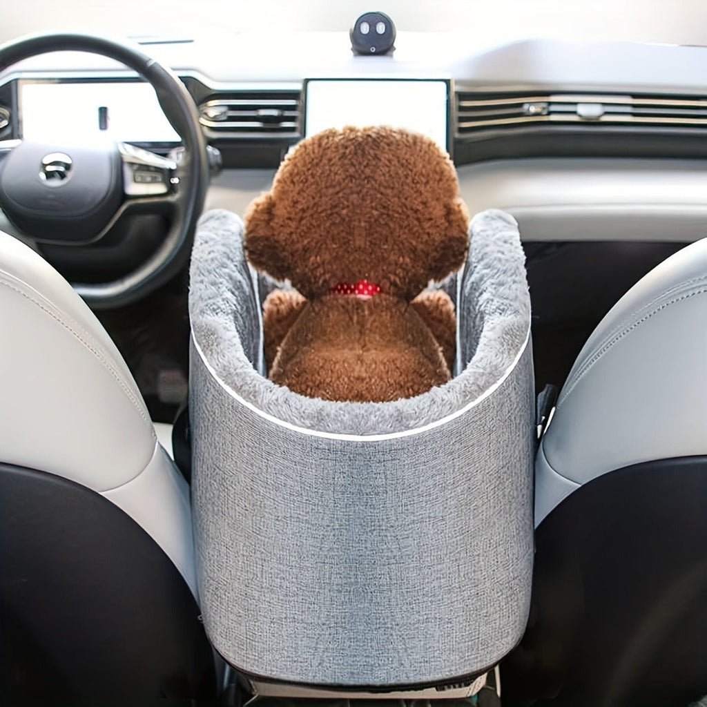 Open-Top Pet Carrier Car Seat Tote with Padded Rim, Attachment Straps, Interior Clip and Grey Fabric Exterior — image 3