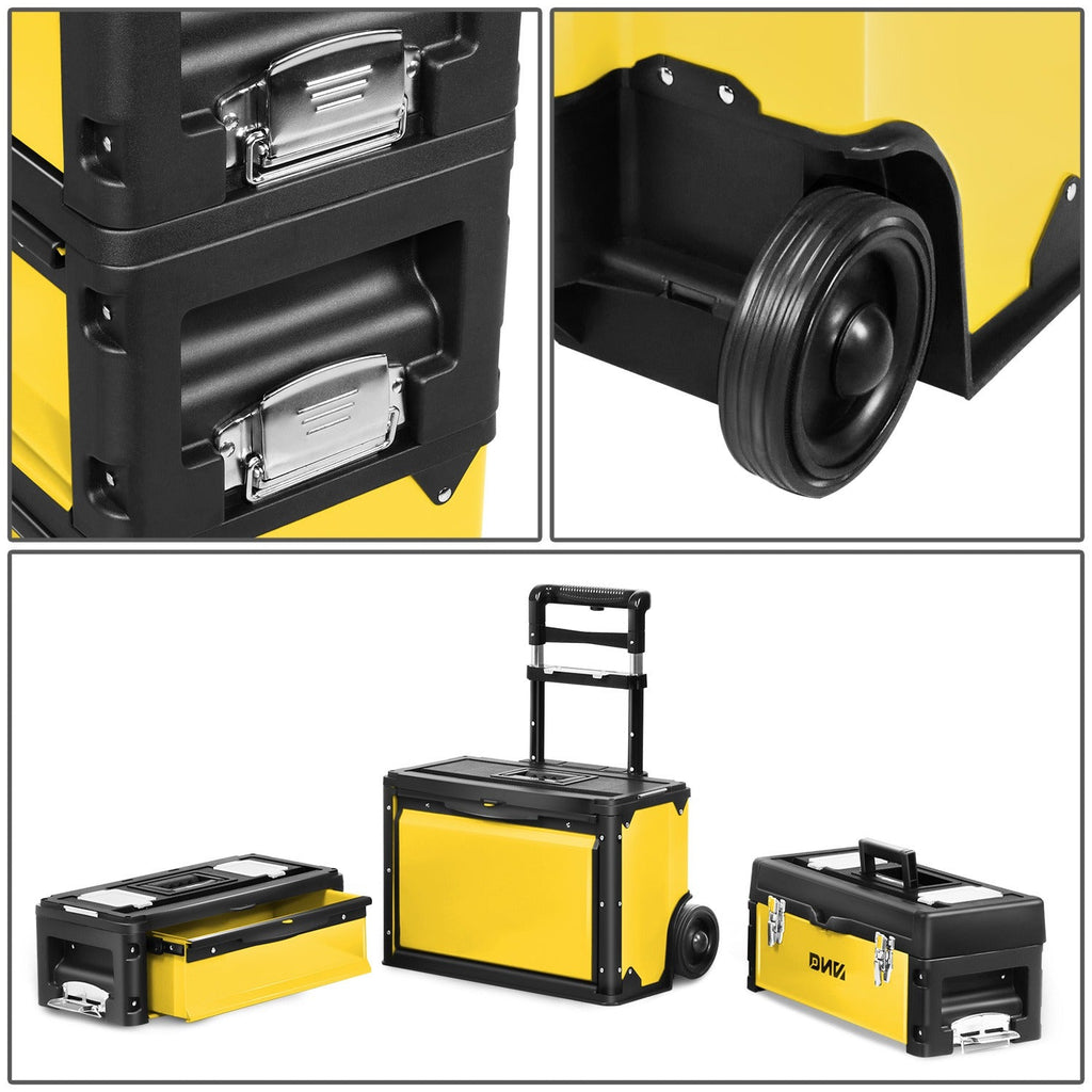 Rolling Tool Box 3-Tier Stackable Portable Toolbox with Wheels 19.5x12x28.5 Inch Steel PP 3-in-1 Detachable Compartments Meta
