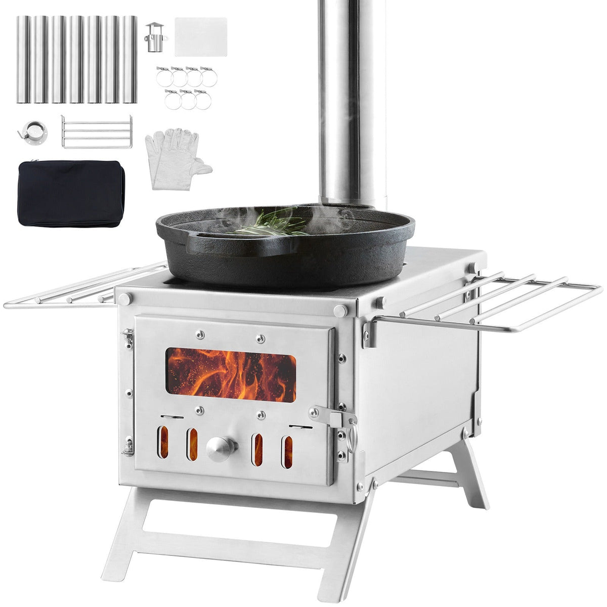 Wood Stove Camping Tent Stove 80 Inch Stainless Steel, 700in³ Firebox, 8 Accessories, BBQ Grill Plate — image 9