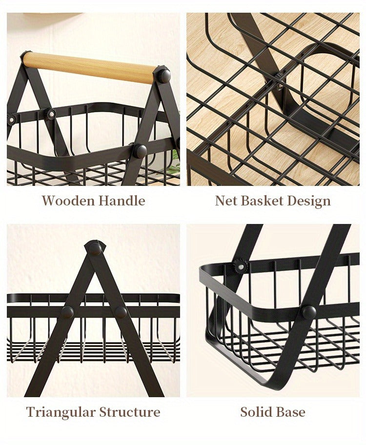 Two-Tier Black Wire Fruit Basket with Wood-Look Carry Handle and 12.2-Inch Countertop Frame — image 9