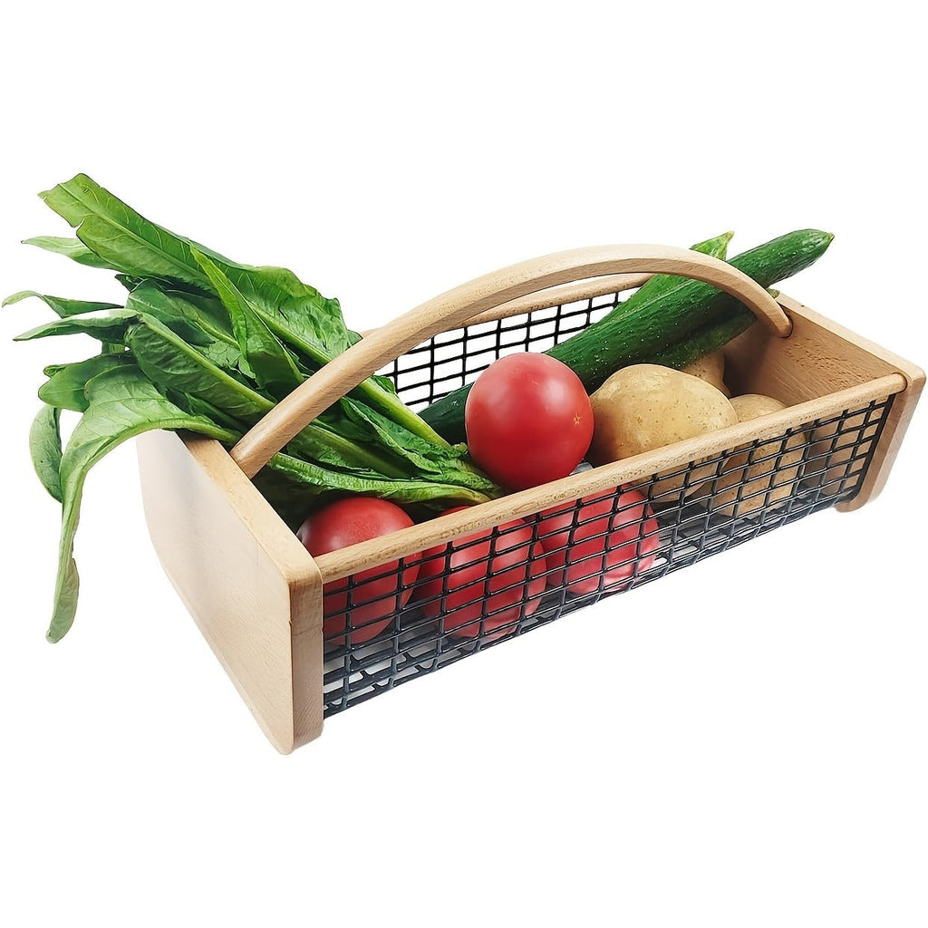 Garden Harvest Basket Metal Mesh with Wooden Handle – Rectangle Vegetable Fruit Picking Basket for Garden, Kitchen & Farmhous