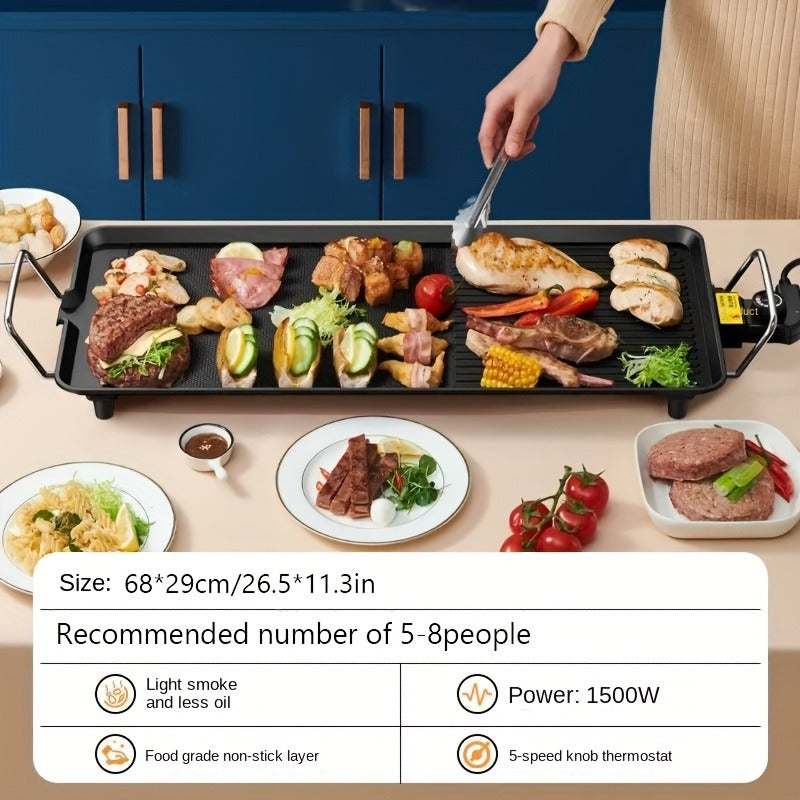 Electric Griddle 1500W Non-Stick Oblong Baking Pan 5-Speed Temperature Control Smokeless Indoor Grill for Eggs Vegetables BBQ