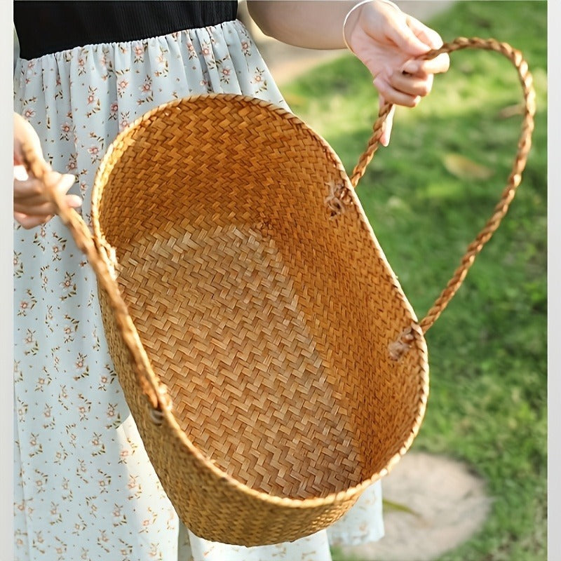 Large Woven Straw Picnic Tote Basket with Long Handles, Open Top Natural-Color Outdoor Carry Design — image 9