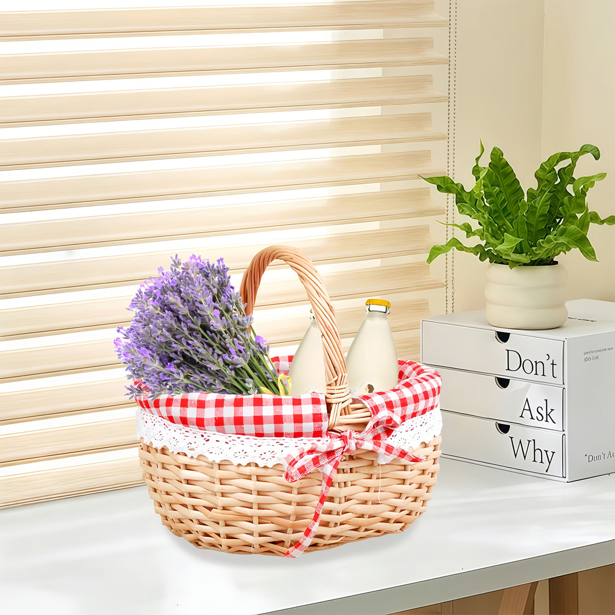 Large Wicker Picnic Basket with Split Lid, Central Carry Handle and Red Checkered Textile Lining — image 9