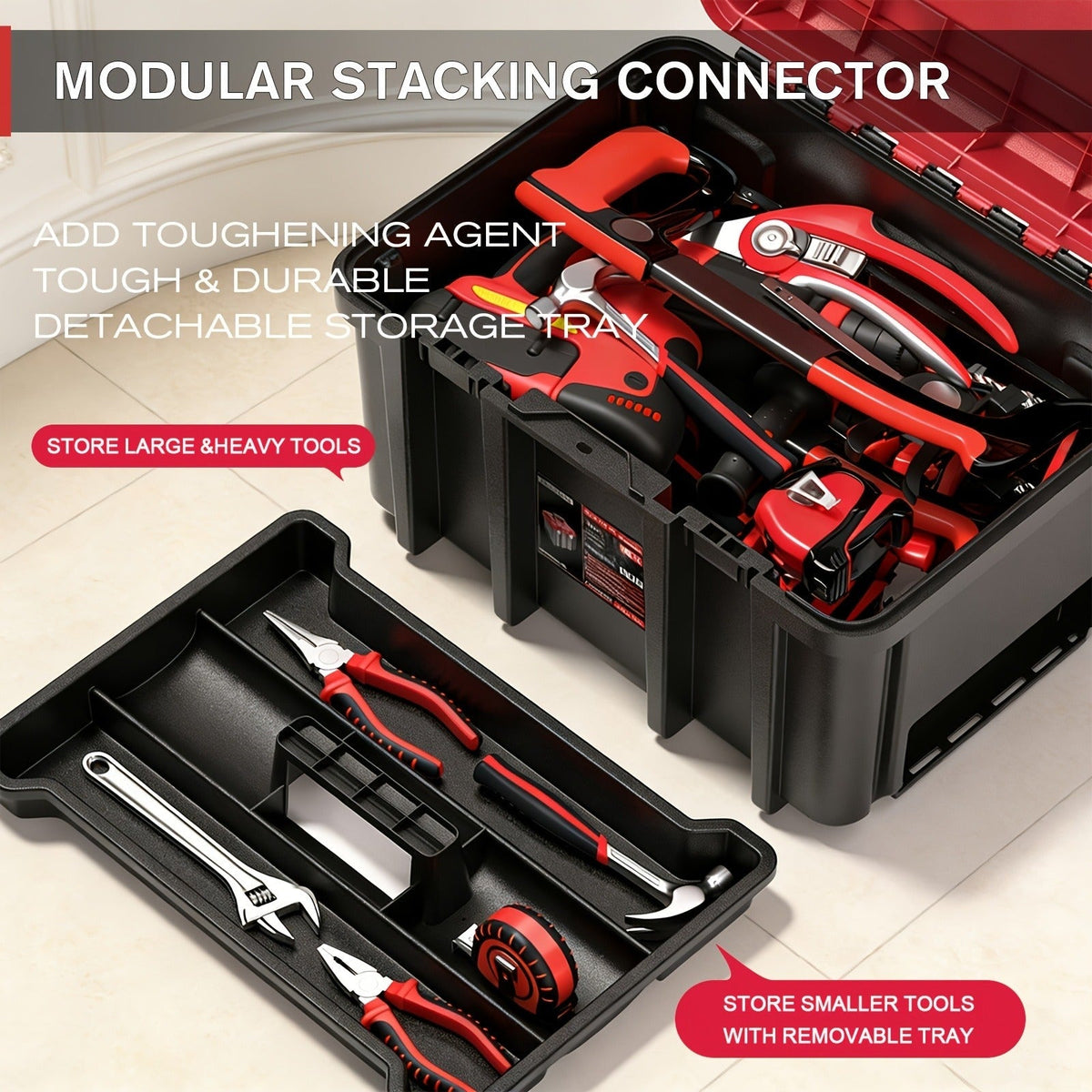 Rolling Tool Box with Wheels 3-Tier Stackable Organizer | Lockable Compartments, Connected Storage, 17" Large Plastic Toolbox