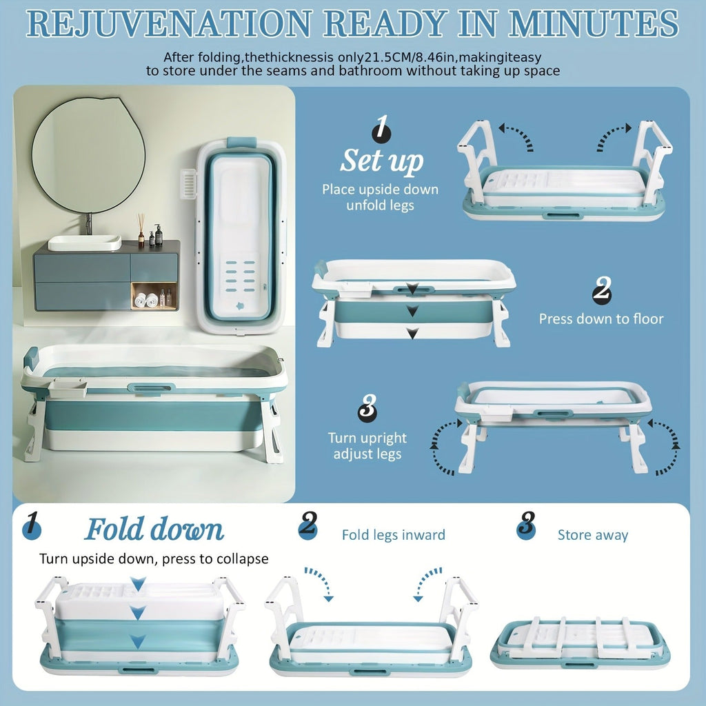 Rectangular Collapsible Adult Soaking Tub in Blue with Rigid Folding Frame, Thermal Cover and Drain Hose — image 9
