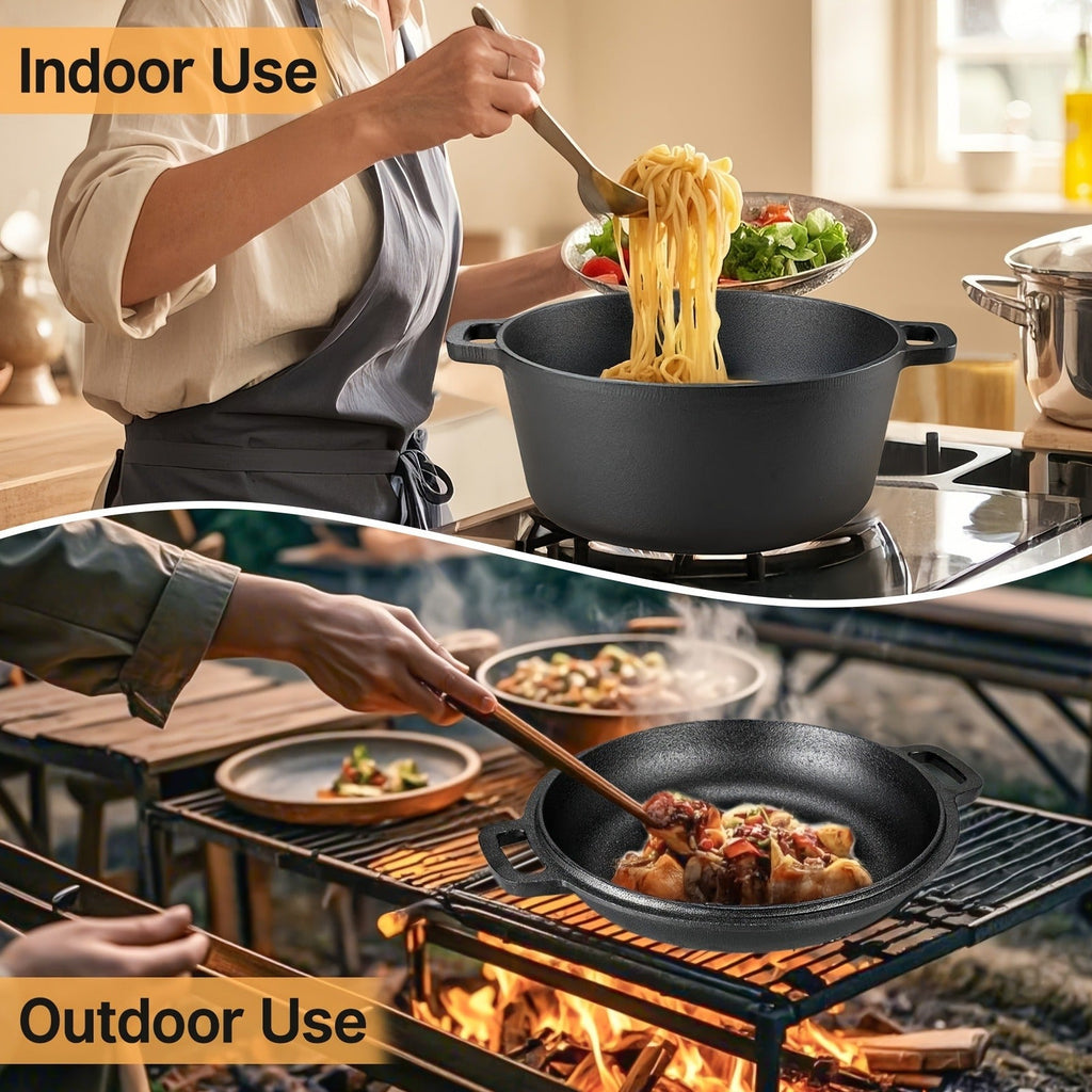 Pre-Seasoned-Labeled Cast Iron Dutch Oven with Reversible Skillet Lid, Trivet, Handle Covers and Scraper — image 9