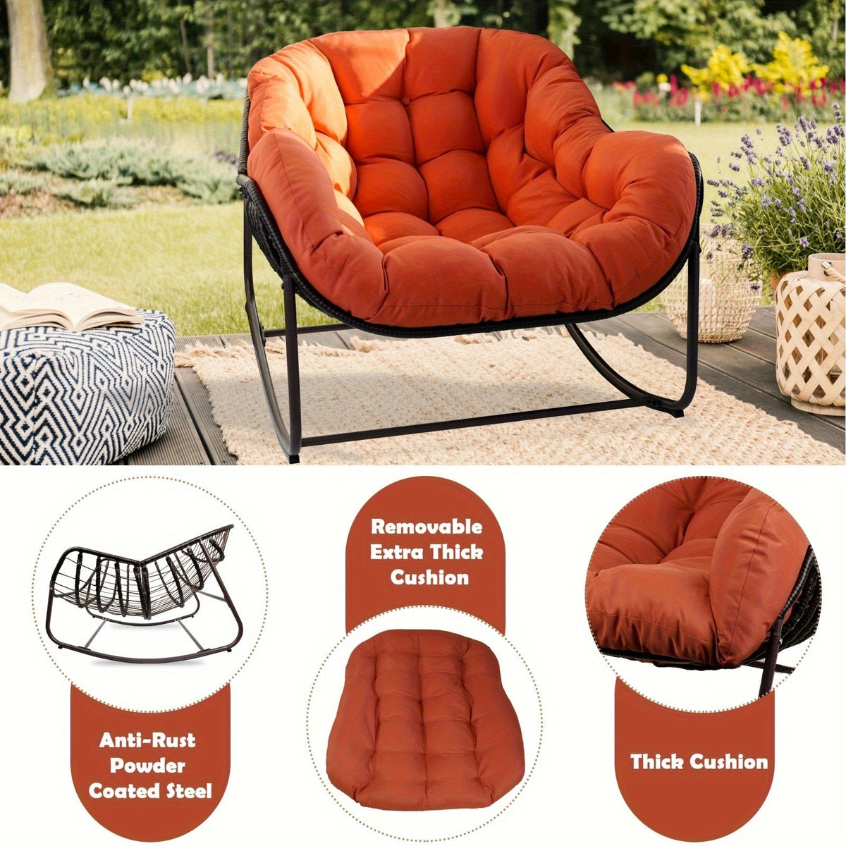 Papasan Rocking Chair Outdoor Wicker Egg Chair with Cushion & Pillow, Large Patio Rocker for Garden — image 8