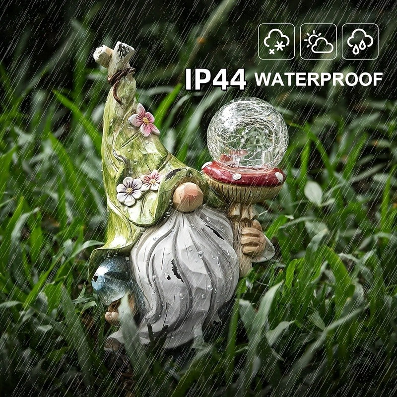 Solar Garden Gnome Statue with LED Magical Ball Light Outdoor Resin Dwarf Sculpture IP44 Waterproof Spring Yard Patio Decor H