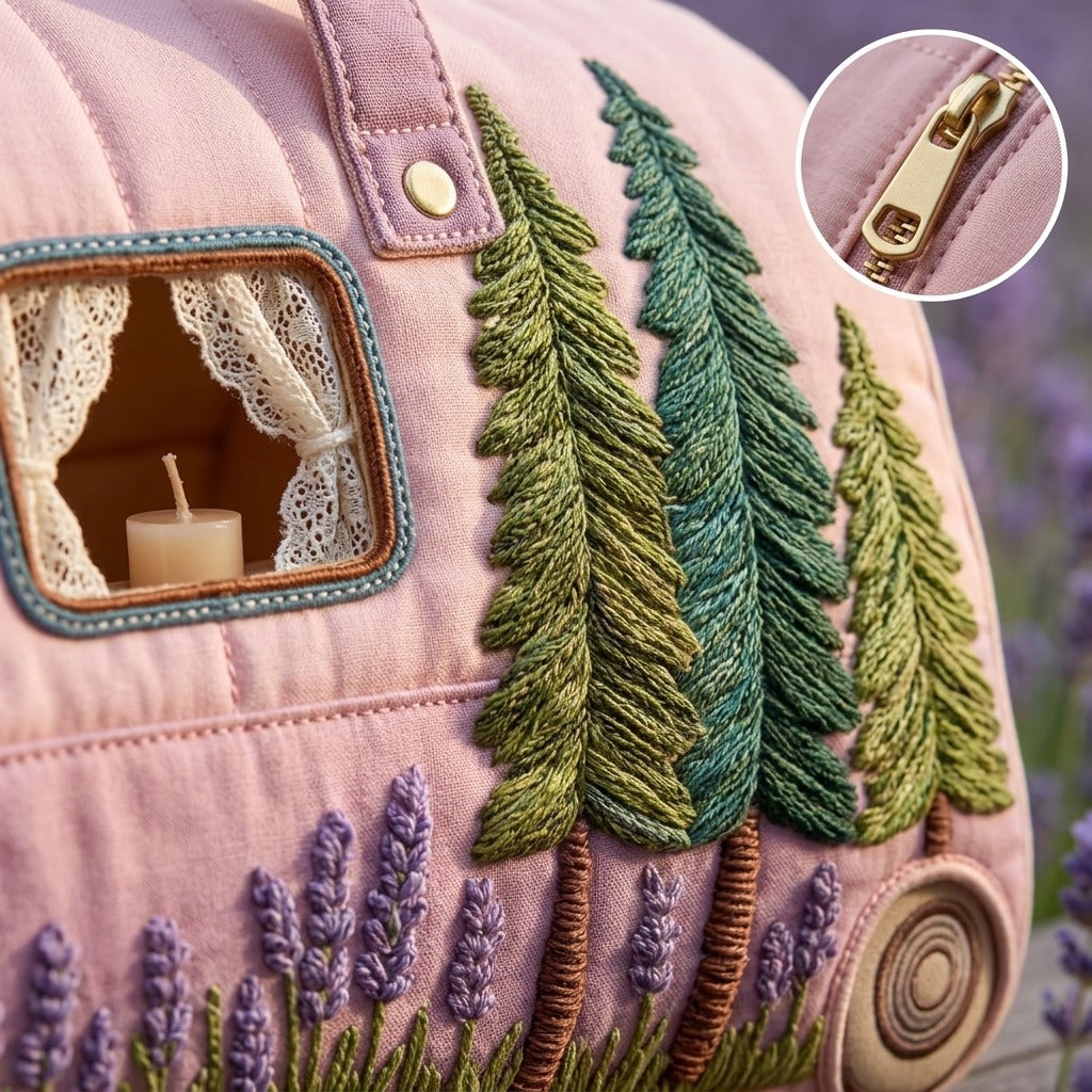 Camper Motif Quilted Travel Tote Bag with Zippered Top, Lavender Handles and 16 x 8 x 8-Inch Checkout Size — image 9