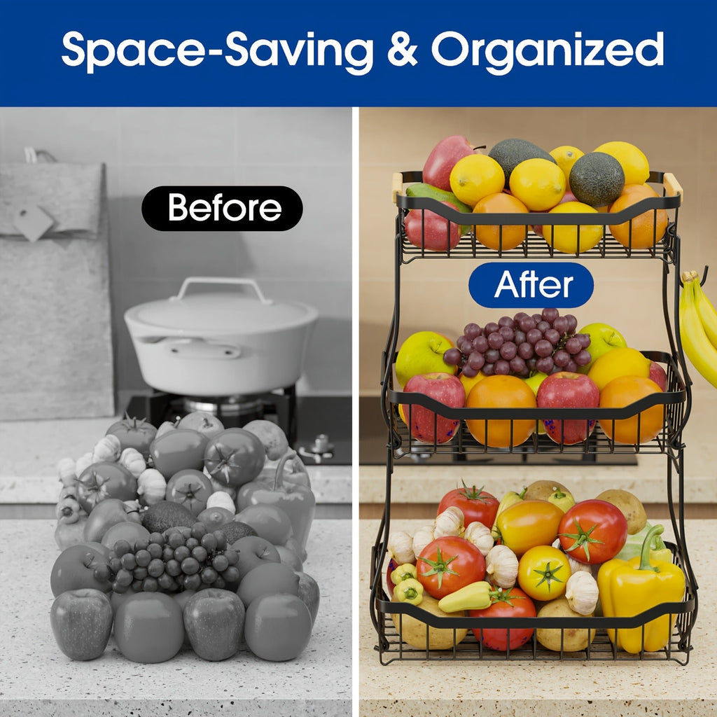 Tiered Fruit Basket Kitchen Organizer with Banana Hook, Removable 2 or 3 Metal Baskets and Wood Handle — image 10