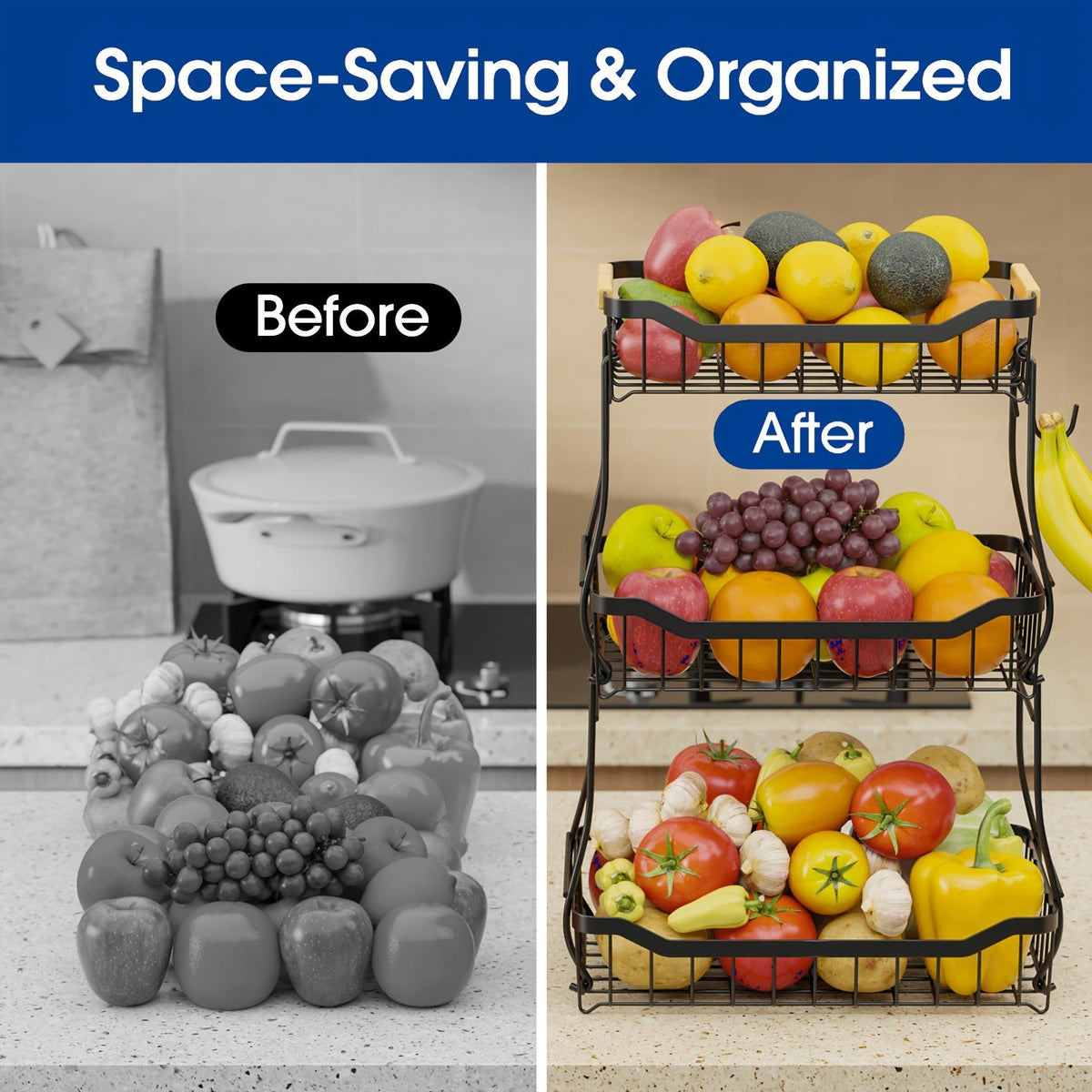 Tiered Fruit Basket Kitchen Organizer with Banana Hook, Removable 2 or 3 Metal Baskets and Wood Handle — image 10