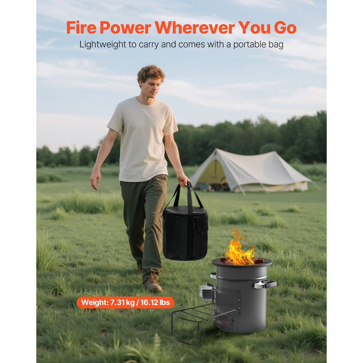 Wood Burning Rocket Stove Portable Camping Stove with Cast Iron Top, Double Door, Fireproof Lining — image 9