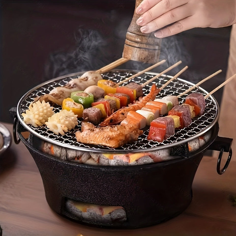 10.6-Inch Round Charcoal Grill Set with Cast-Iron Body, Cooking Grid, Wooden Base and Tongs — image 9