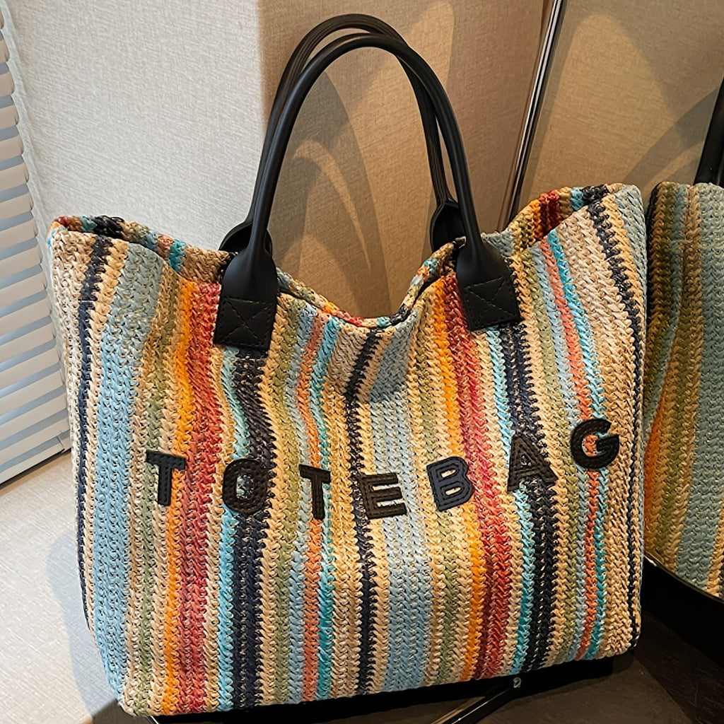 Straw Tote Bag for Women Large Capacity Bohemian Hand-Woven Striped Beach Bag Summer Vacation Shoulder Bag Colorful Letter Pa