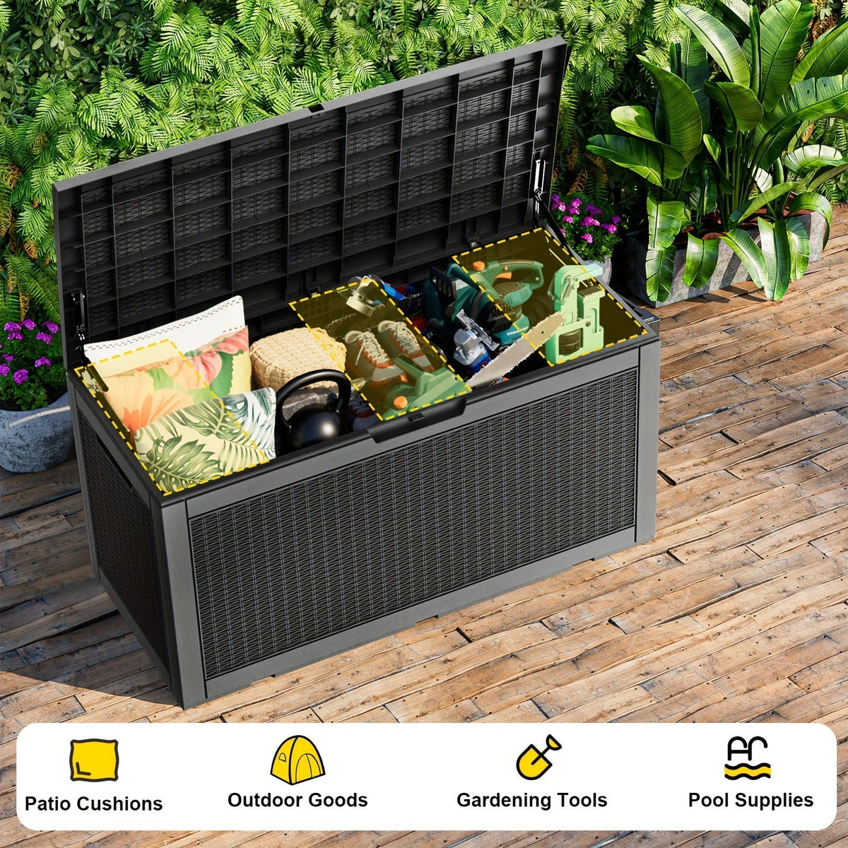 100-Gallon Rattan-Style Outdoor Deck Box with Lockable Lid, Lift Supports and Black Finish — image 8