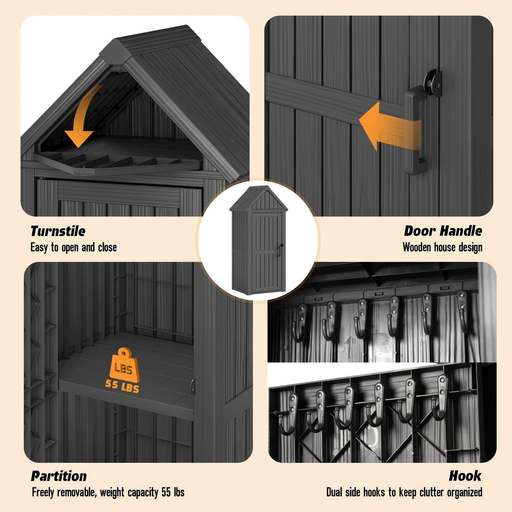 Tall Resin Outdoor Storage Shed with Sloped Roof, Lock-Ready Door and Interior Hooks in Black or Brown — image 7