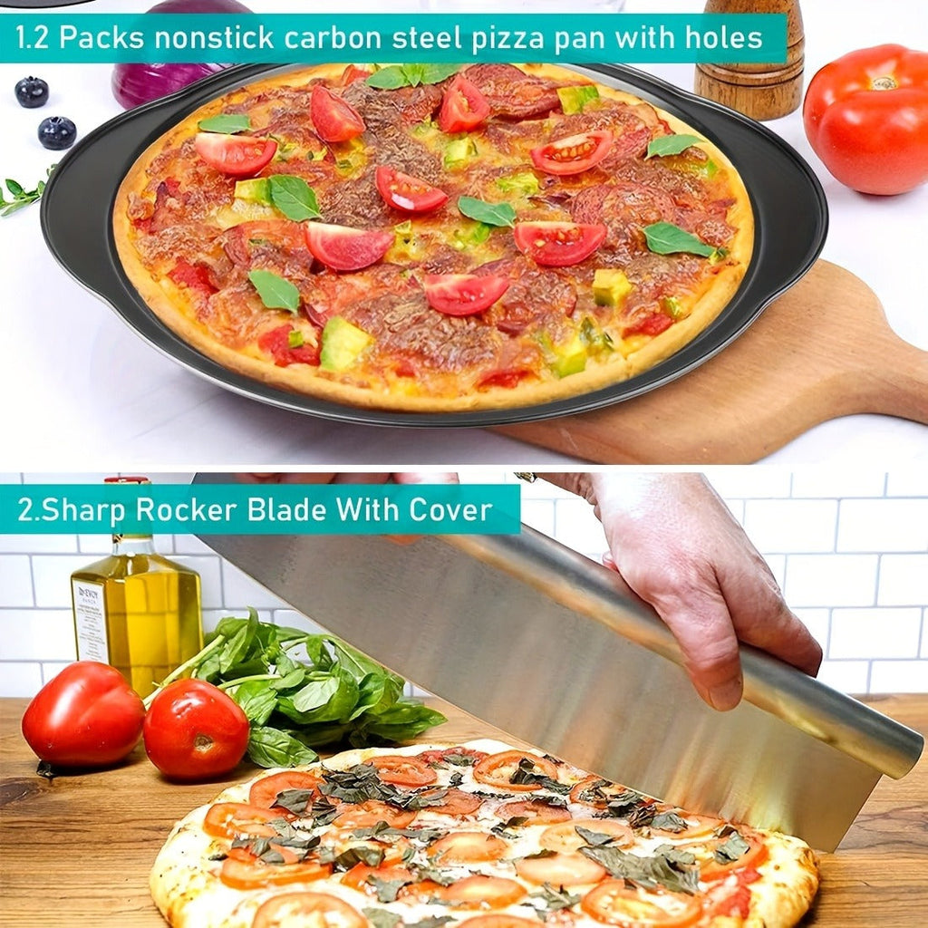 Pizza Stone Set 7-Piece with Tools – Cordierite Baking Stone with Stainless Steel Peel Cutter Brush & Heat-Resistant Gloves |