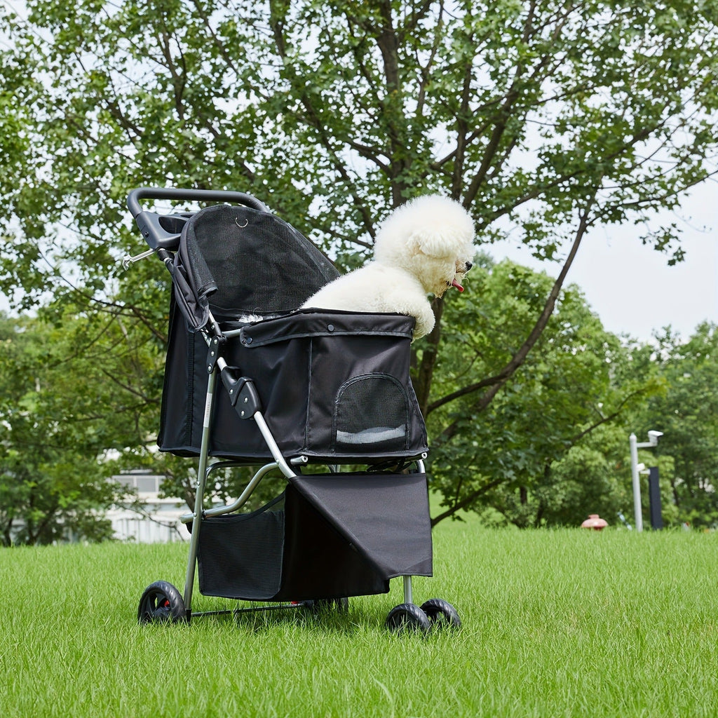Black Three-Wheel Pet Stroller with Mesh Cabin, Front Cover, Cup Tray and Lower Storage Basket — image 3