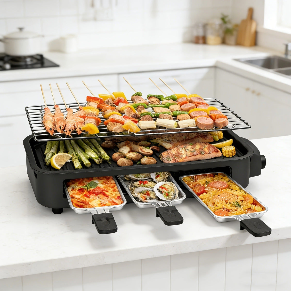 Indoor Smokeless Electric Grill 1500W Non-Stick Raclette Table Grill with Removable Plate & 3 Mini Pans Compact BBQ Griddle —