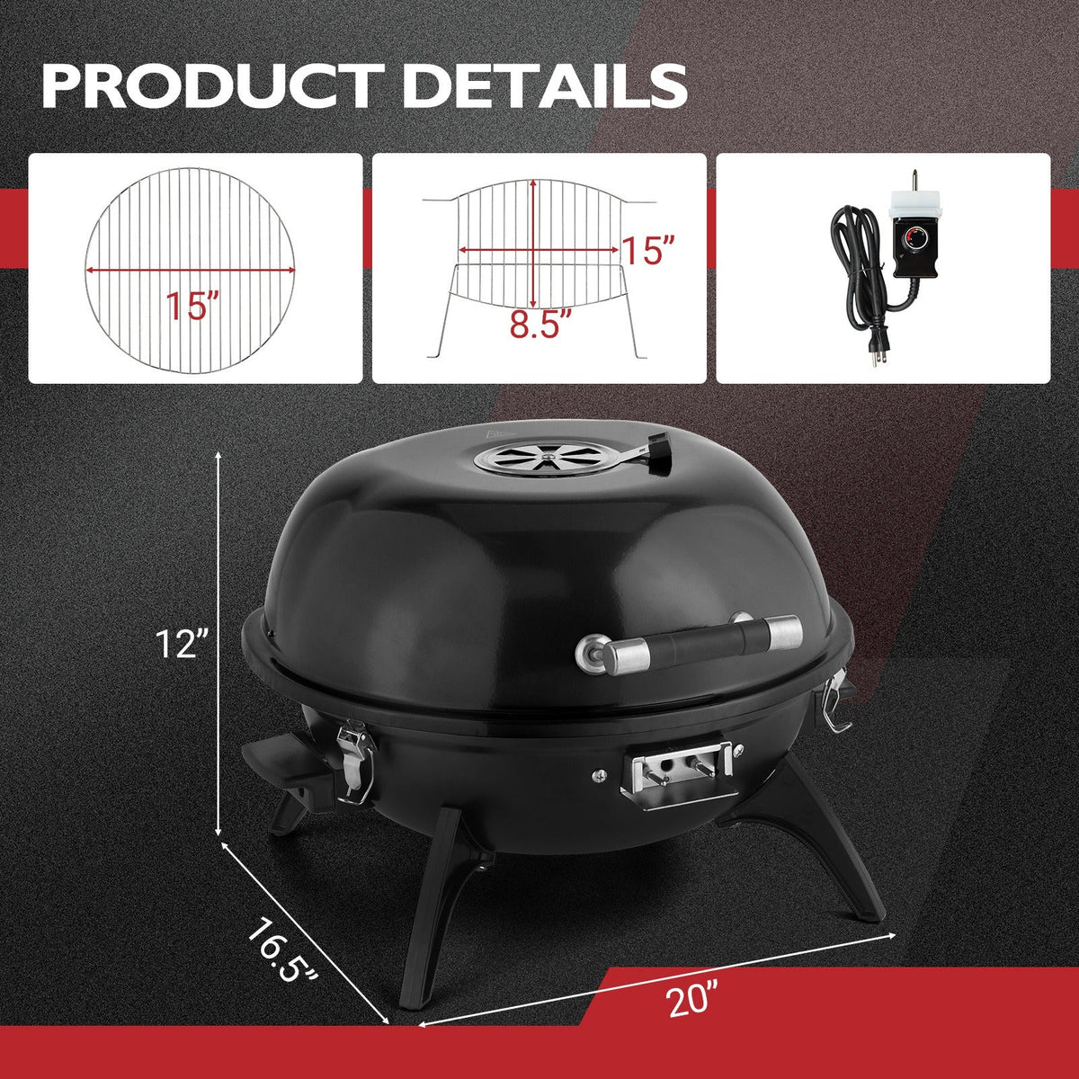 Electric BBQ Grill 1600W Indoor Outdoor Tabletop Grill with Lid Stainless Steel Heating Tube Chrome Grate Cool-Touch Handle —