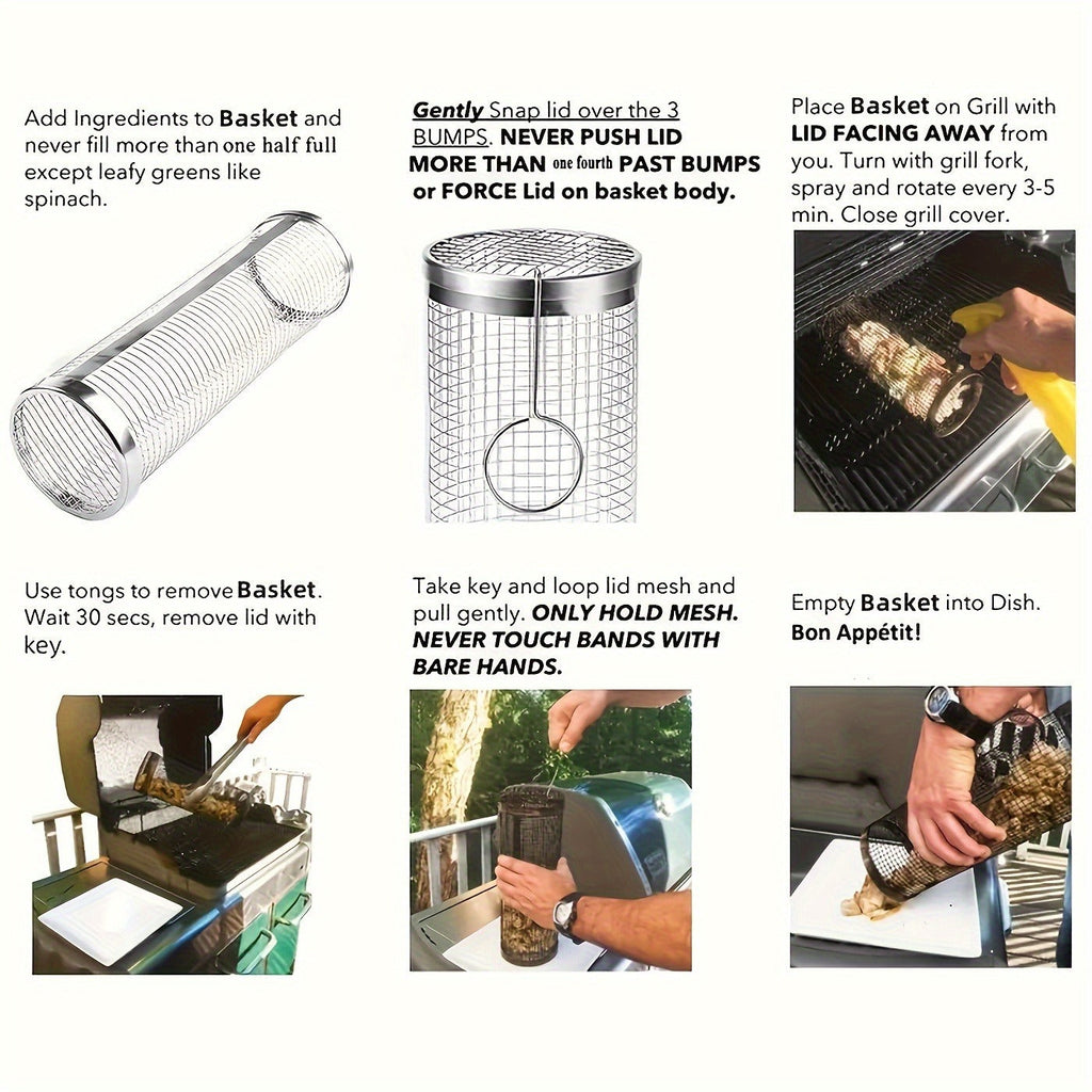 Rolling Grill Basket Stainless Steel 2-Pack, Cylinder BBQ Basket with Hook & Fork for Vegetables — image 9