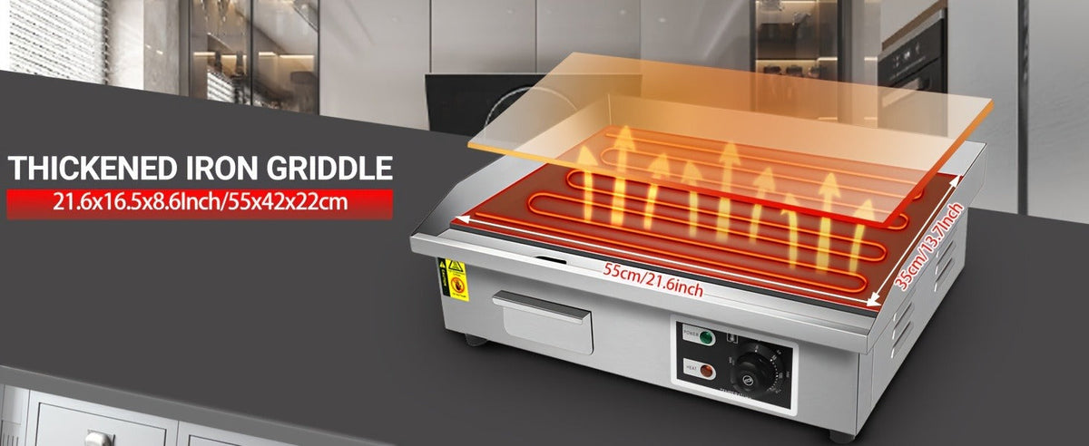 Flat Top Griddle 22 Inch 1600W Electric Countertop Teppanyaki Grill Non-Stick Stainless Steel Commercial for Garden, Patio an