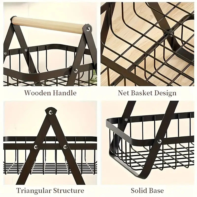 Fruit Basket Kitchen Organizer 2 or 3 Tier Metal Stand with Removable Wooden Handles for Countertop — image 10