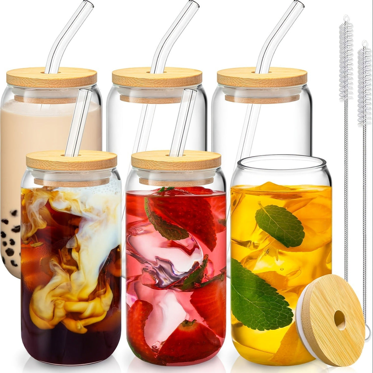 Drinking Glasses Set with Lid and Straw 550ml Oval Glass Cups 4 or 6 Piece, for Home Cooking, Dining and Outdoor Meals — imag