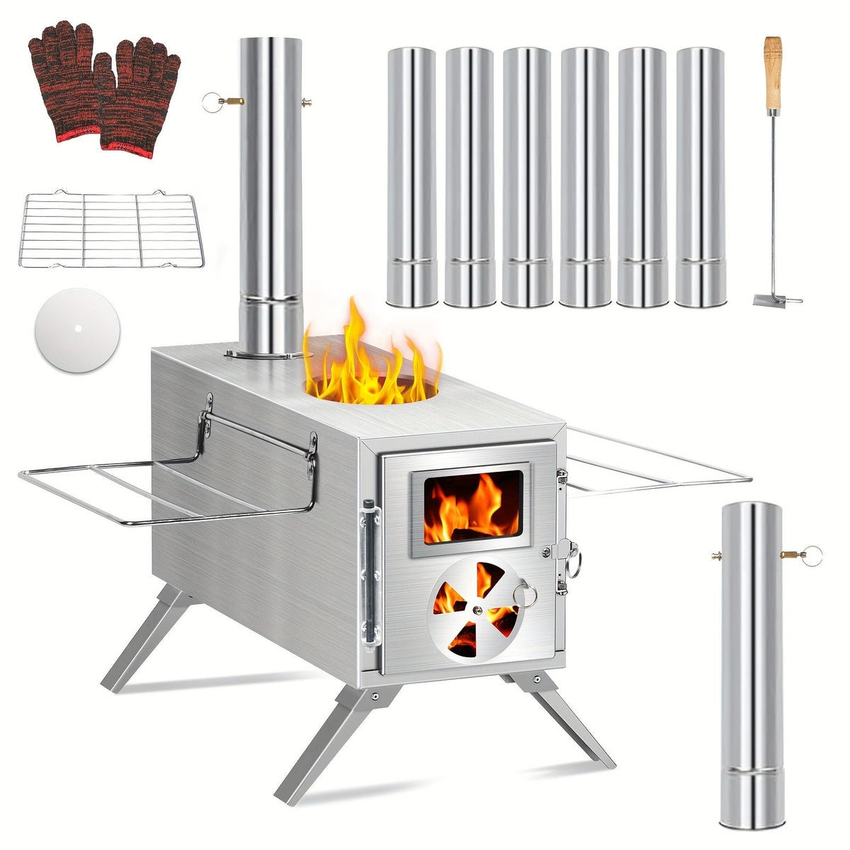 Wood Burning Camp Stove with Chimney Pipe Portable Outdoor Camping Stove for Cooking, BBQ, Boiling Water & Heating — image 11