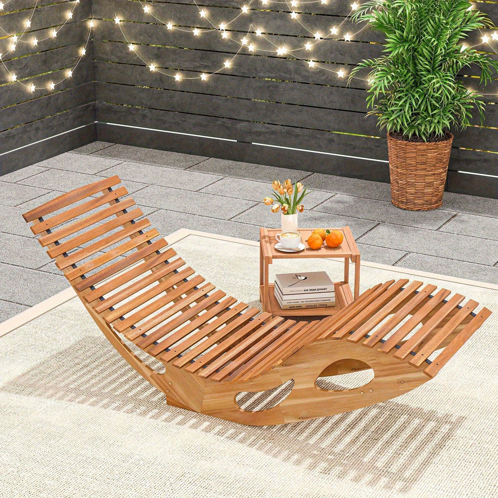 Acacia Wood Rocking Chaise Lounge Outdoor High Back Slatted Seat Stopper Patio Rocker for Deck Poolside Garden — image 8