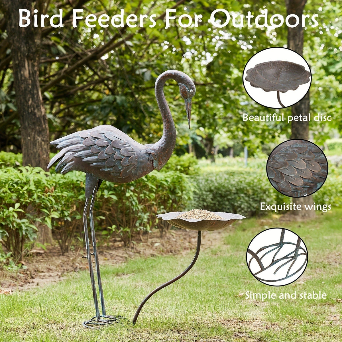36-Inch Crane Sculpture Bird Bath Set with Separate 12.6-Inch Basin and Garden Stakes for Yard Decor — image 9