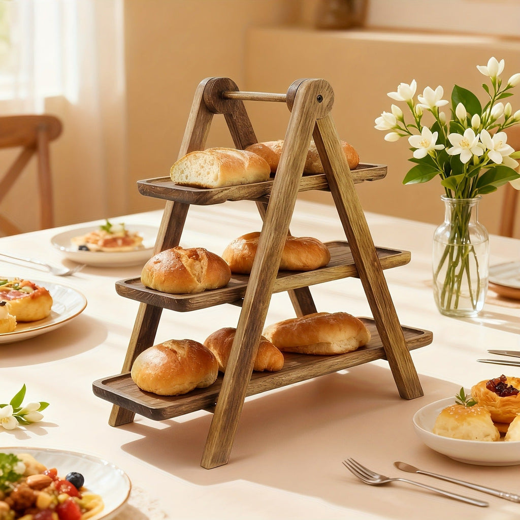 Cake Stand 3 Tier Wooden Serving Tray Farmhouse Dessert Display Cupcake Tower Bread Basket Collapsible Tiered Platter for Wed
