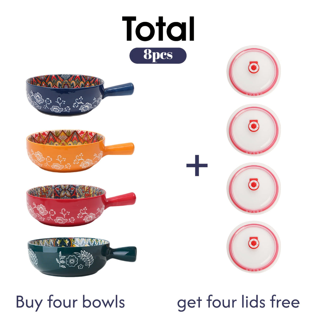 Ceramic Bowl Set with Lids 8-Piece Bohemian Soup Noodle Salad Bowls, for Home Cooking, Dining and Outdoor Meals — image 10