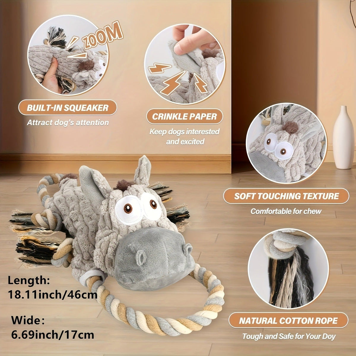 Dog Toy Stretch Donkey Plush Squeaker with Elastic Body, Textured Surface and Rope Ends in Gray White — image 9