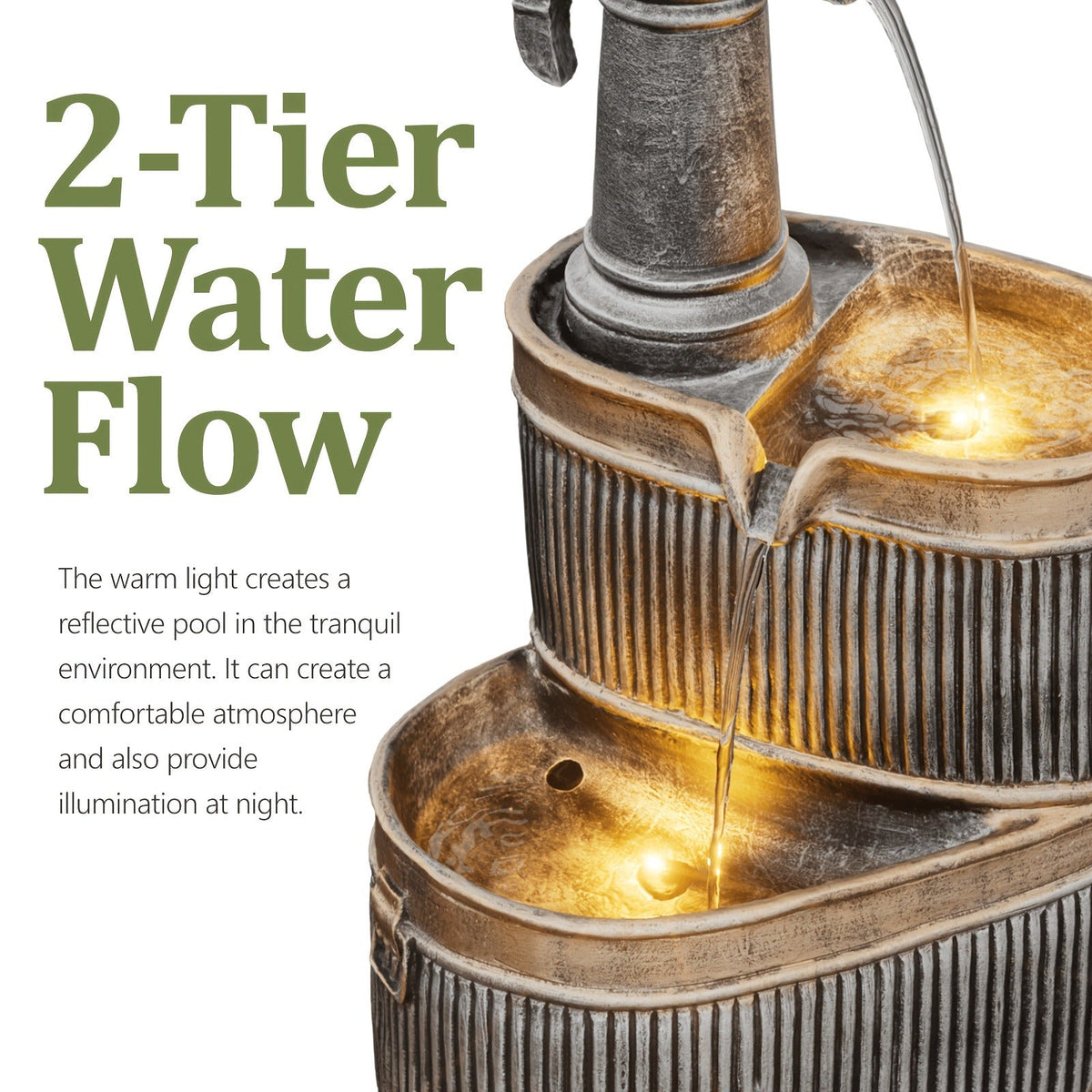 Outdoor Water Fountain 2-Tier Barrel with LED Light & Pump - Rustic Resin Garden Fountain for Patio — image 8