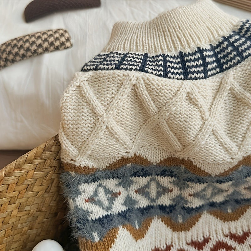 Cable-Knit Dog Turtleneck Sweater with Fair Isle Pattern, Beige or Blue and Five XS–XL Sizes — image 5