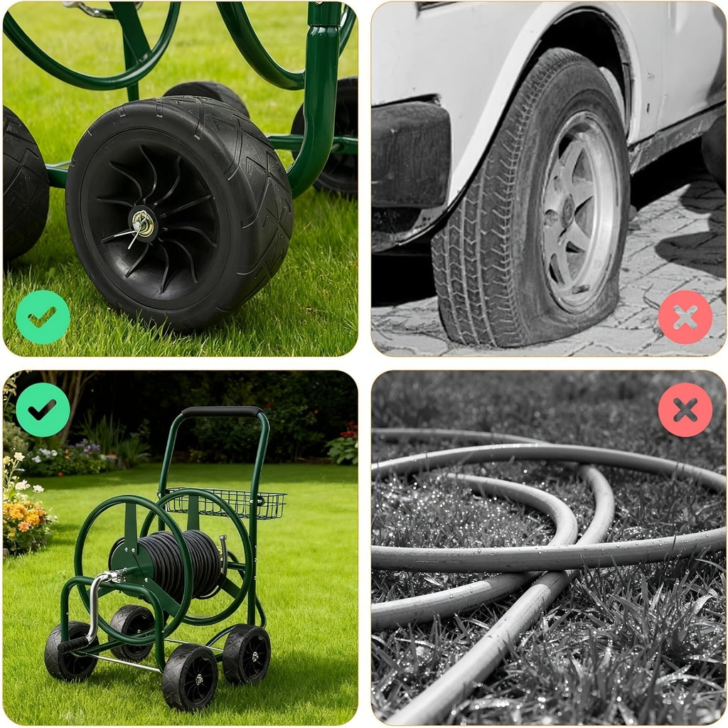 Garden Hose Reel Cart | 250ft Capacity, Heavy-Duty Steel, 4 Wheels & Storage Basket — image 9