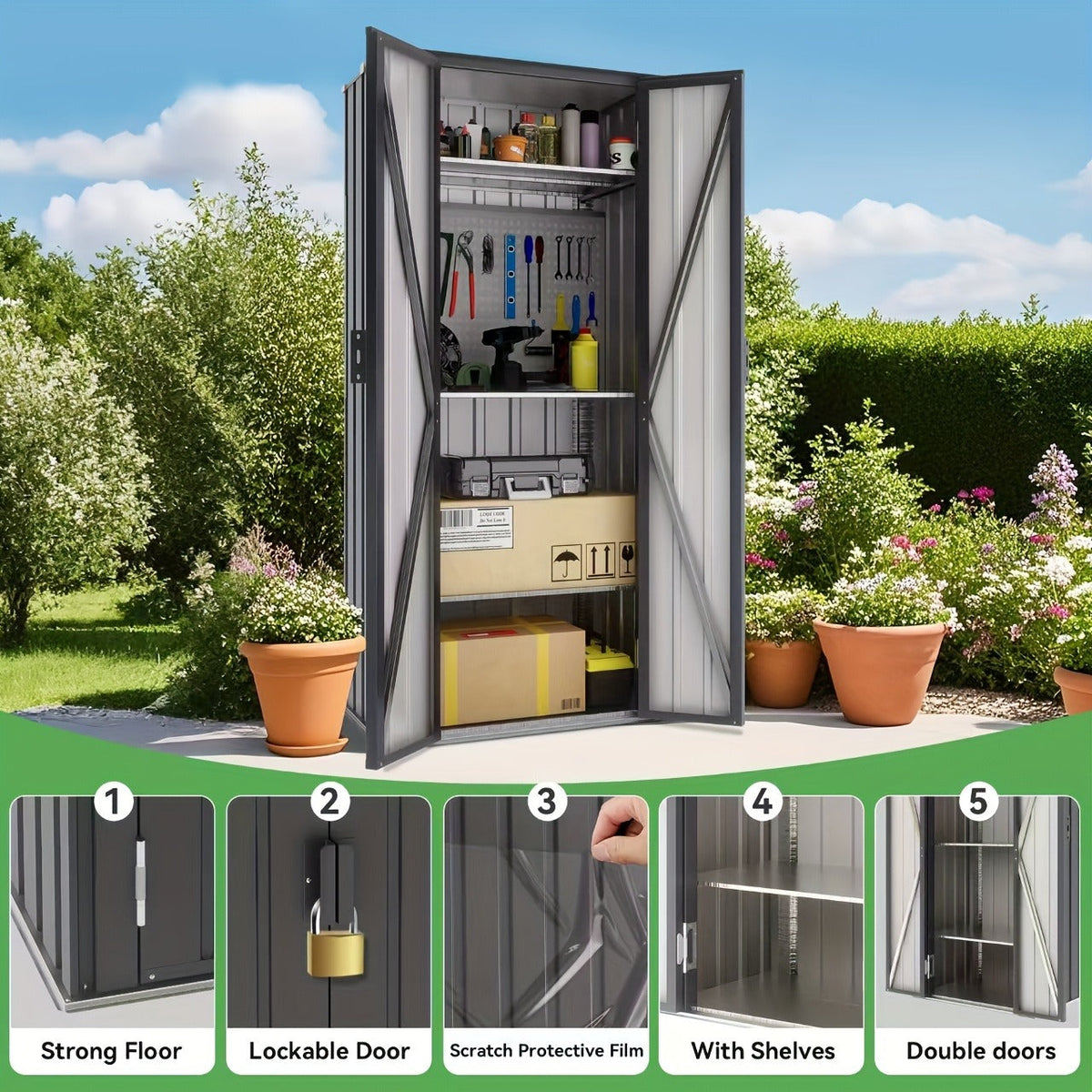 Tall Metal-Look Outdoor Storage Cabinet with Double Doors, 22 or 28 Cu Ft Checkout Capacity Options — image 8