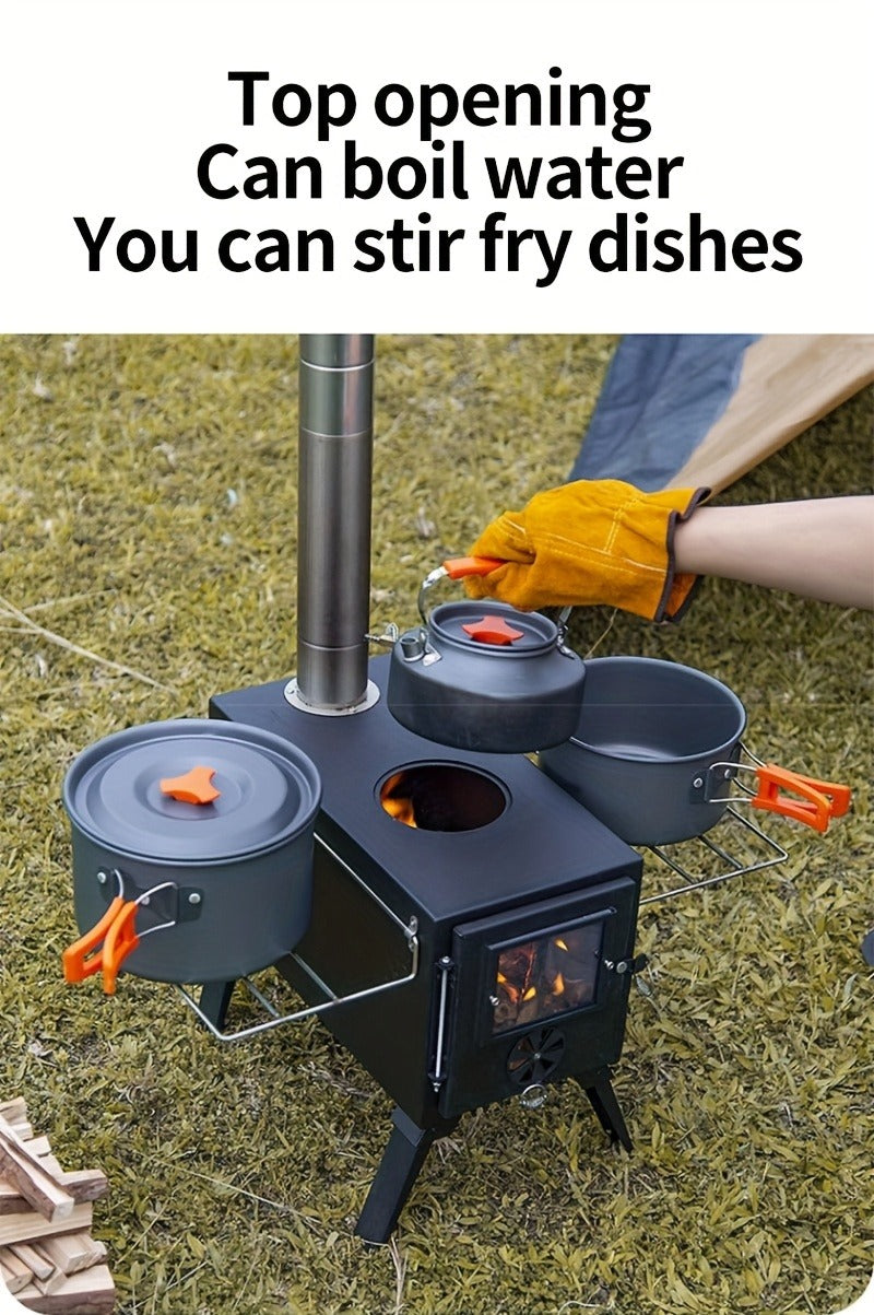 Portable Wood Stove with Chimney Pipe Set, Folding Legs, Side Shelves and Silver or Black Finish Options — image 10