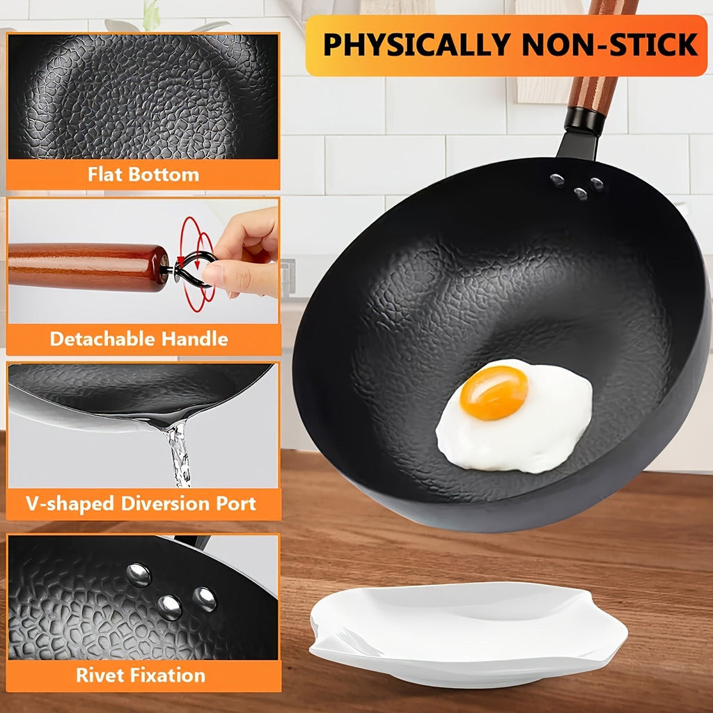 Wok Set Cast Iron 12.6 Inch Nonstick with 13 Accessories, Natural Nonstick No Chemical Coating Stir Fry Pan with Lid & Detach