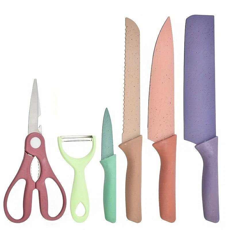 Seven-Piece Kitchen Knife Set with Four Pastel Knives, Kitchen Scissors, Peeler and Cutting Board — image 9