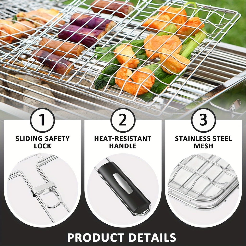 Grill Basket Stainless Steel Folding BBQ Grilling Basket for Fish Chicken Vegetables Shrimp Portable Outdoor Camping Barbecue