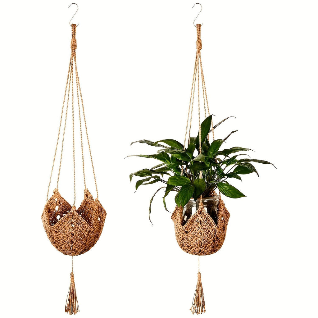 Macrame Plant Hanger with Tassels, Bohemian Cotton Rope Crochet Wall Basket, Indoor Outdoor Hanging Planter with Hooks, Boho 