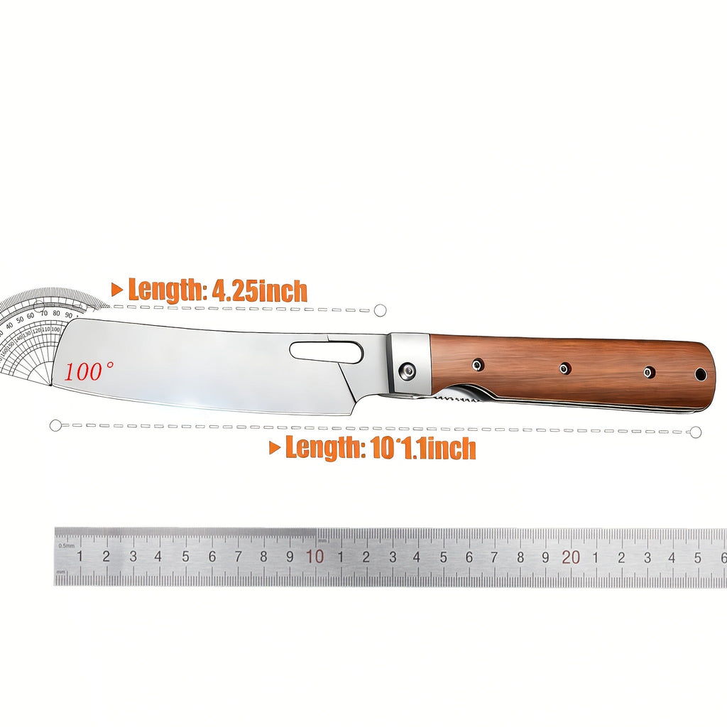 Folding Nakiri Kitchen Knife with 440C Stainless Steel Label, Wood-Look Handle, Drawstring Pouch and Box — image 9